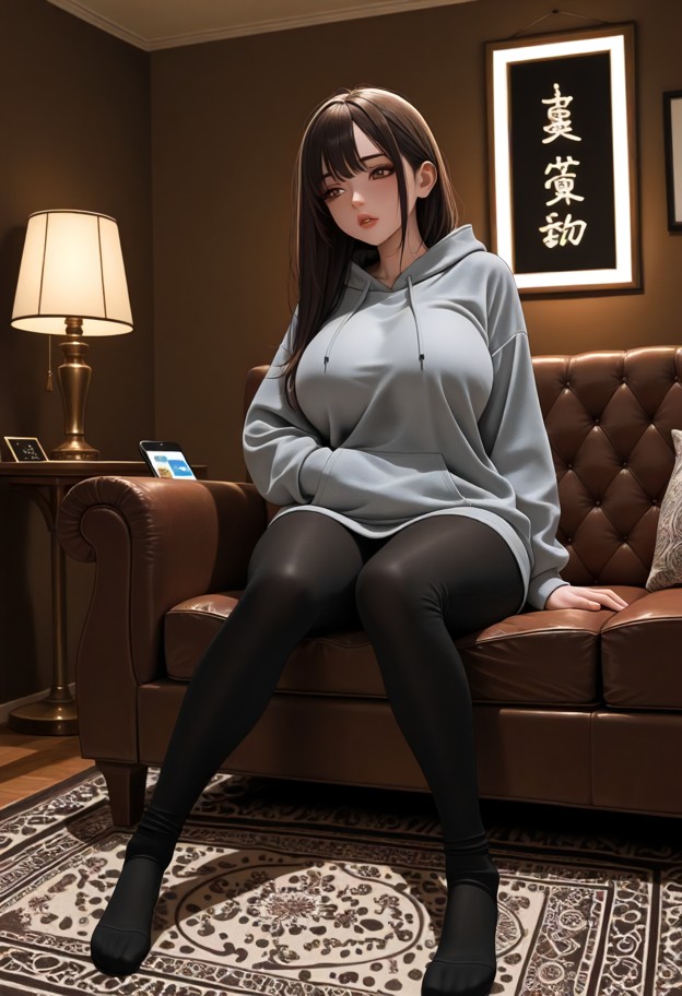 1girl sitting on brown leather couch,wearing oversized grey hoodie,black leggings,playing with waistband of leggings,…