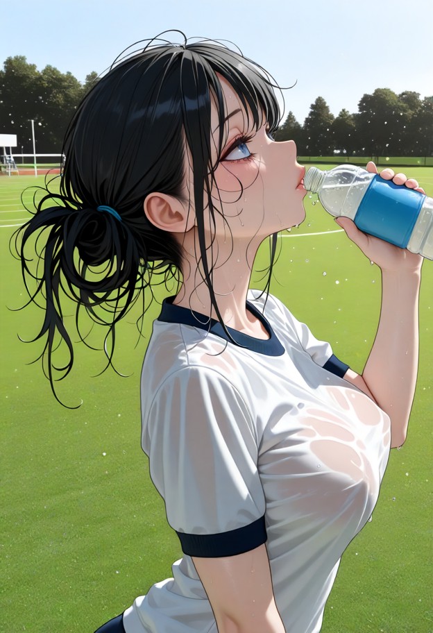 1girl,solo,gym_uniform,school gym outfit,very_sweaty,sweat,sweaty_clothes,nipples visible through shirt,hair_up,water…