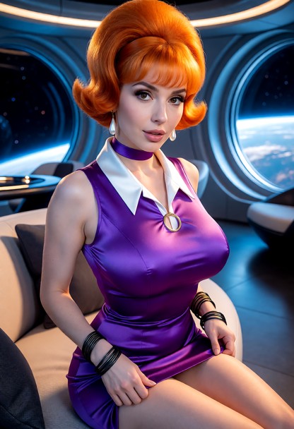 Location: futuristic space-station interior with sleek curved furniture and large circular windows revealing planets …