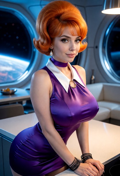 Location: futuristic space-station interior with large circular windows revealing distant planets and stars, bathed i…