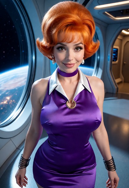 Location: futuristic space-station interior with large circular windows revealing distant planets and stars, bathed i…