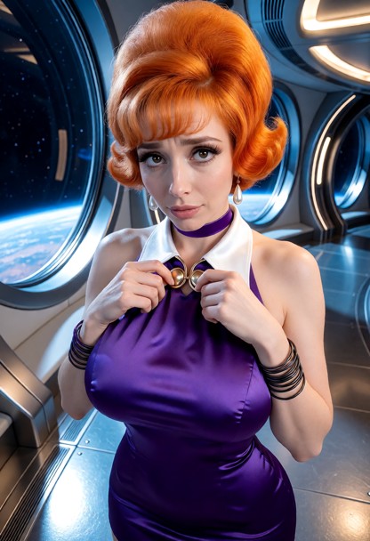 Location: futuristic space-station interior with large circular windows revealing distant planets and stars, bathed i…