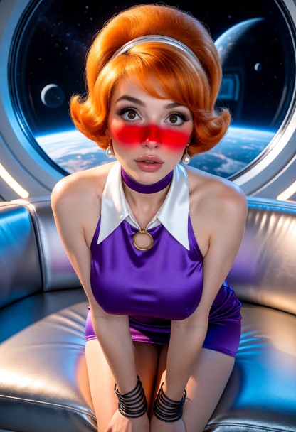 Location: futuristic space-station interior with large circular windows revealing distant planets and stars, bathed i…