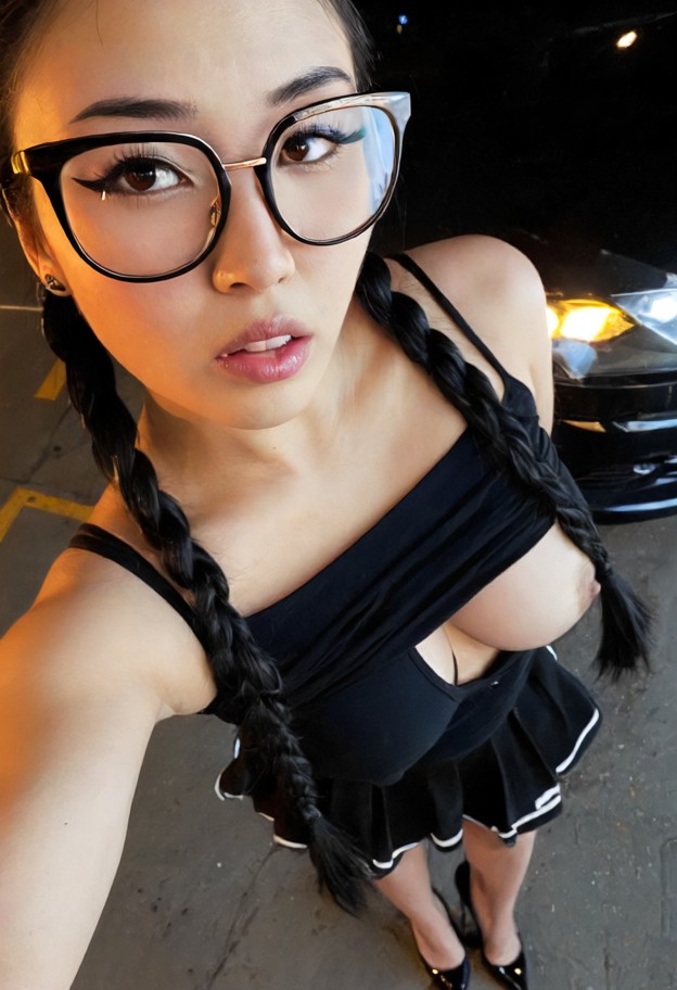 she is,about to kiss,short skirt,black top,black stiletto heels,black glasses,dark parking lot,concrete floor,parked …
