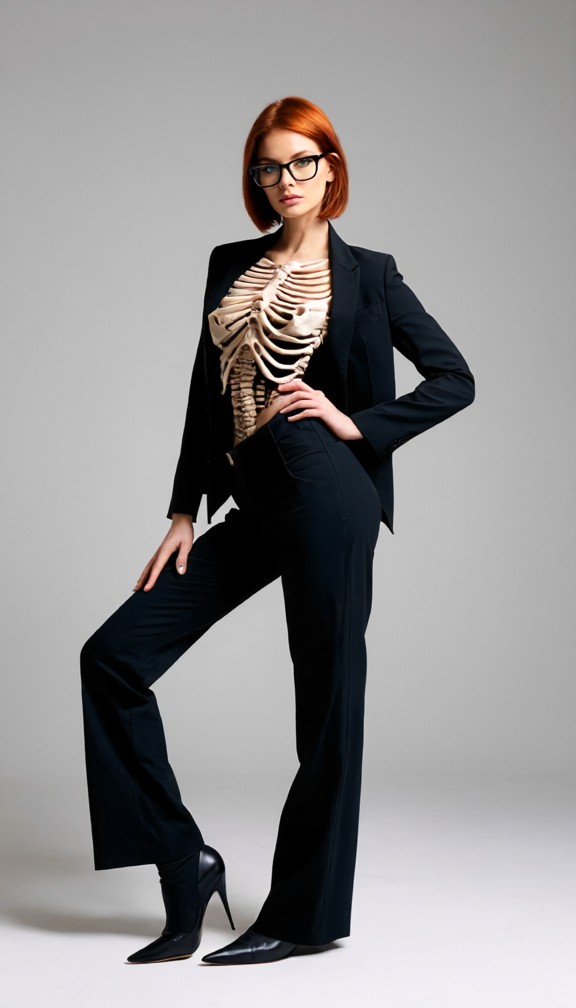 high-fashion editorial of a female professor in a structured black blazer with exaggerated shoulders and wide-leg tro…