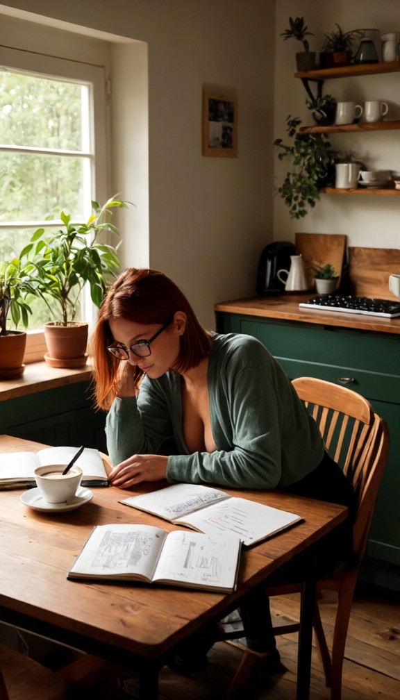 cozy documentary-style photograph of a teacher and adult student at a rustic kitchen table,surrounded by coffee mugs,…