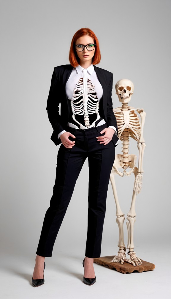 high-fashion editorial of a female professor in a structured black blazer with exaggerated shoulders and wide-leg tro…