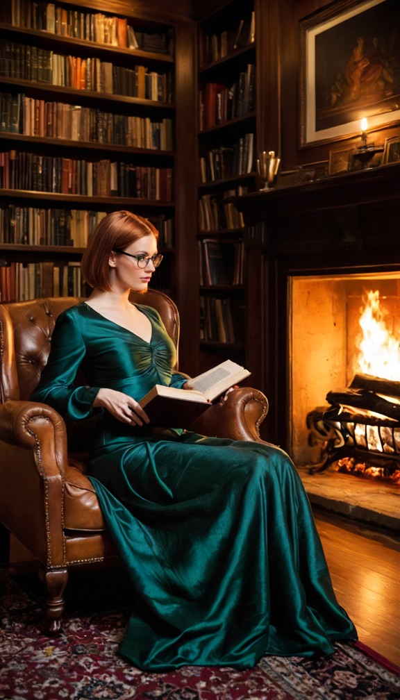 elegant photograph of a female tutor in a silk blouse and long skirt,seated in a leather armchair with a male adult s…