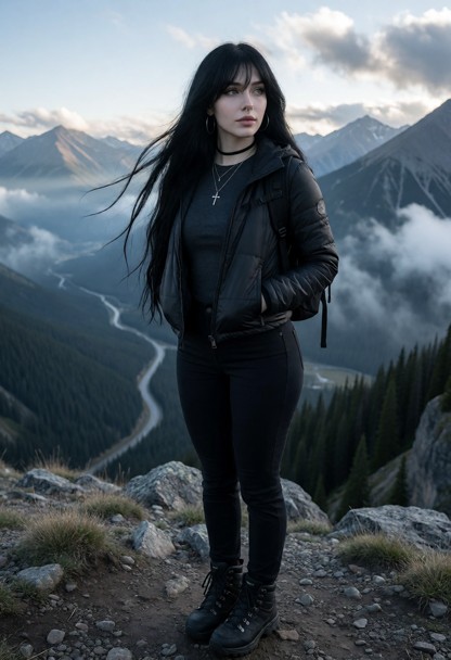 Act: Madison is standing on a rocky overlook with her hands in her jacket pockets, her hair moving lightly in the win…