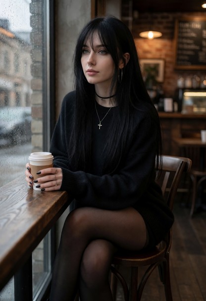 Location: a stylish café on a rainy afternoon with large windows, raindrops on the glass, warm wood décor, and a cozy…