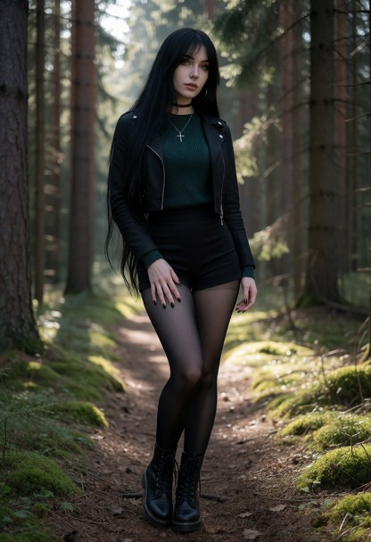 Location: a peaceful forest trail surrounded by tall pine trees, soft moss, and filtered natural light coming through…