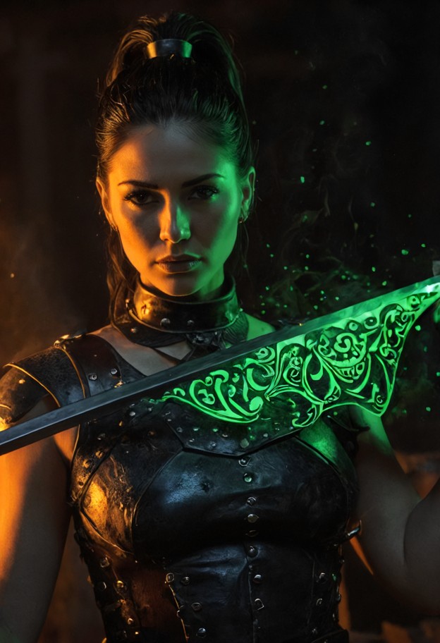 close-up
 wide shot of a female blacksmith in [dark soot-stained armor] carefully
 lifting a [long ornate blade] out …