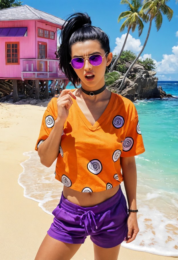 dragon ball z anime style by akira toriyama. scene on the small tropical
 island with the pink kame house in the back…