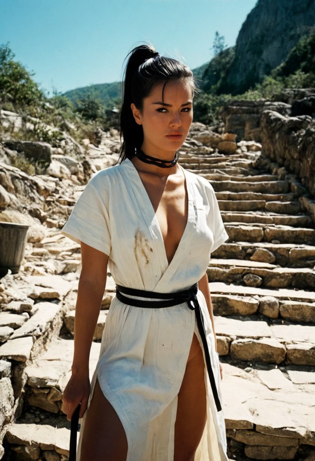 cinematic wide shot,1970s shaw brothers kung fu movie aesthetic,a 
female student in a tattered white linen training …