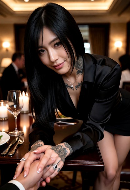 Location: an upscale restaurant interior with warm ambient lighting, soft candlelight reflecting off polished glasswa…