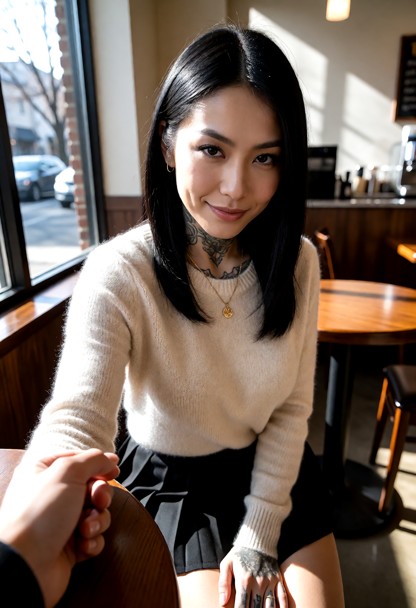 Location: a cozy, sunlit corner of a modern coffee shop with polished wooden tables, soft ambient music, and large wi…