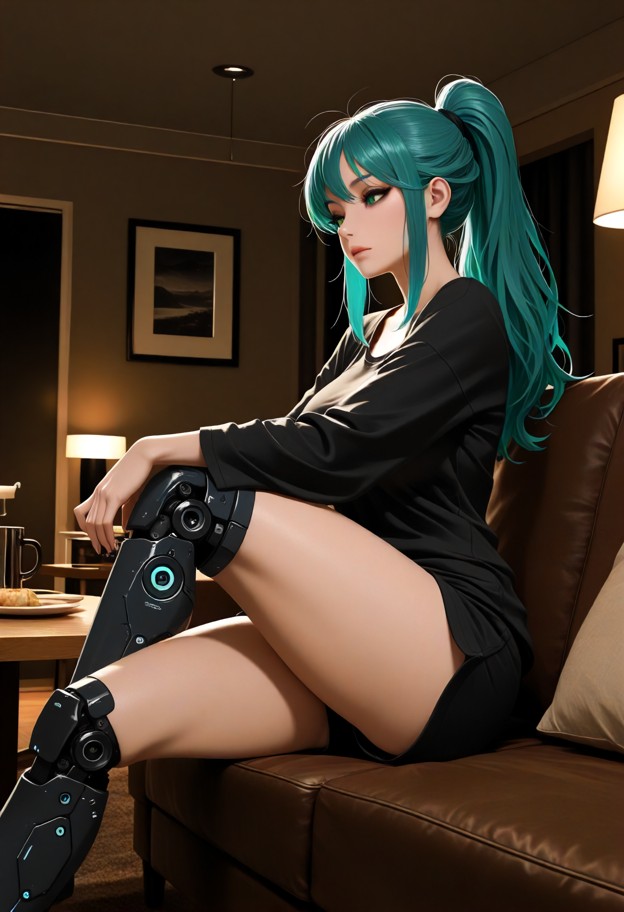 she is sitting on a couch looking forward with a tired expression,cream-colored oversized sleep shirt,black pajama sh…