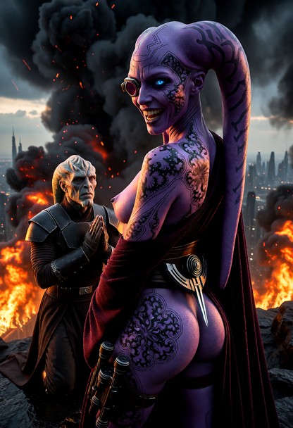 wide cinematic shot from behind the shoulder. a powerful female sith council member stands on an obsidian overlook, l…