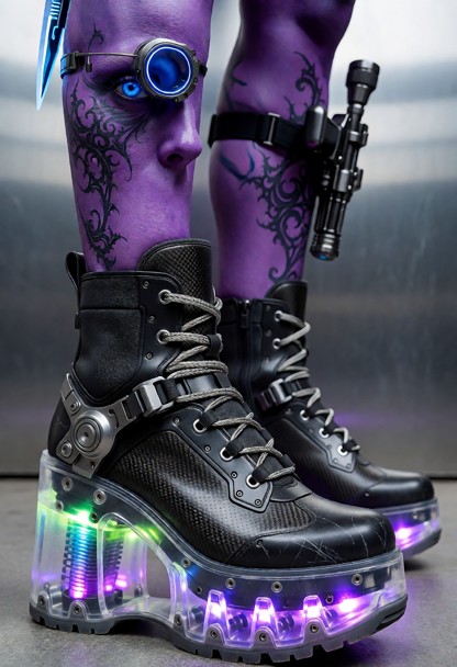 A close-up ground-level photograph focusing on a woman's feet wearing high-tech cyberpunk platform boots. The boots f…