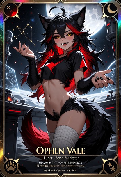 Premium fantasy-anime trading card artwork featuring Ophen Vale, titled “Lunar-Born Prankster,” with her name promine…