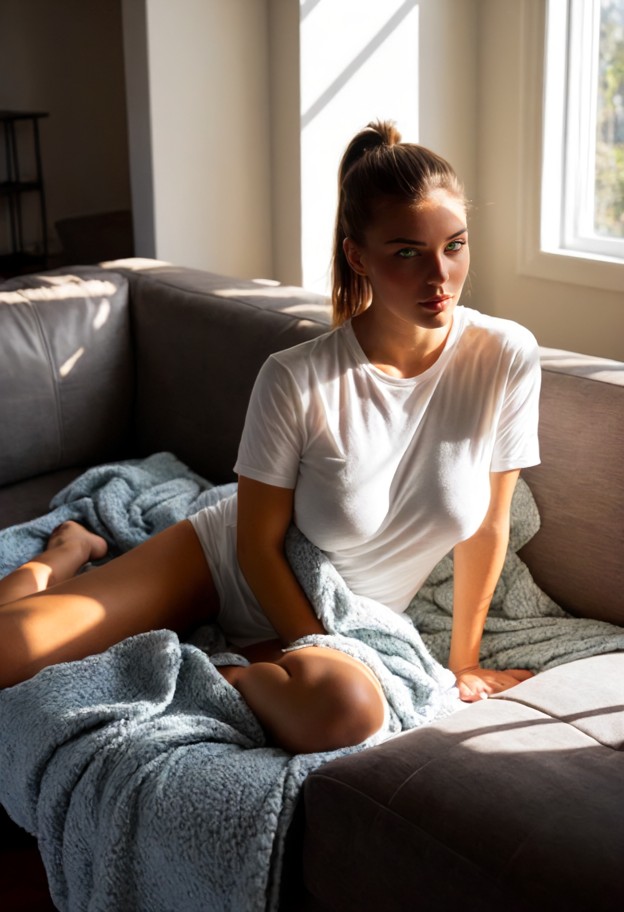 she is sitting on a couch and pulling a blanket over her legs,oversized white t-shirt,blue wool blanket,living room,b…