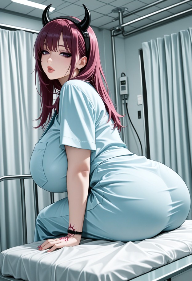 sitting on the edge of a hospital bed,looking at viewer,light blue hospital gown,sterile hospital room,white walls,me…