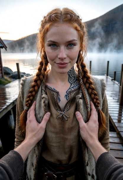 Location: early morning by the wooden docks of a Viking village, with the cold fjord mist swirling in the background …