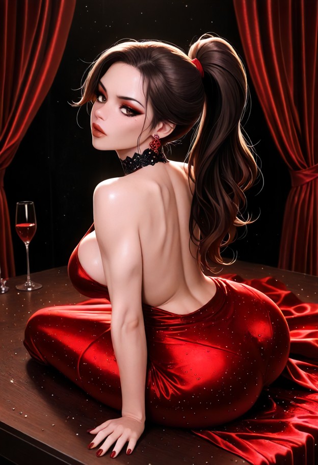 1girl sitting on face,forceful pressure,solo,girl is lying on back,helpless,crimson satin gown,black lace choker,poli…