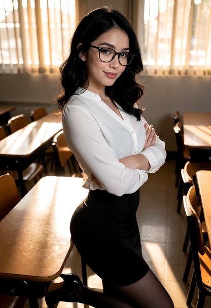 Location: quiet classroom in the late afternoon with sunlight filtering through large windows, casting long shadows a…