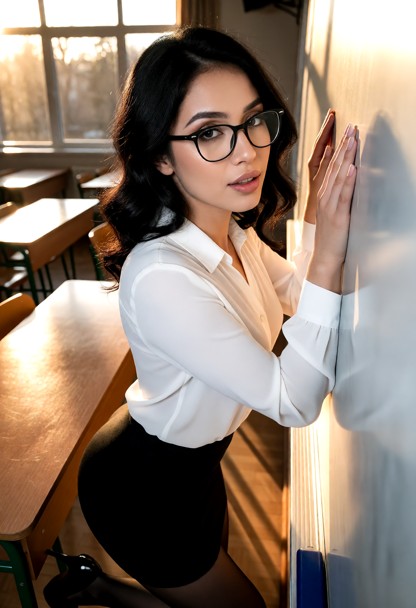 Location: quiet classroom in the late afternoon with sunlight filtering through large windows, casting long shadows a…