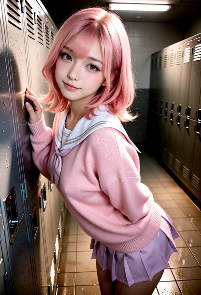 Location: empty locker room with rows of metal lockers and dim overhead lighting that casts long, soft shadows across…