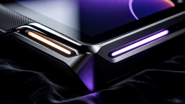 Subject: A hyper-realistic close-up of the P.P.D. device, a sleek, futuristic interface with glowing amber and violet…