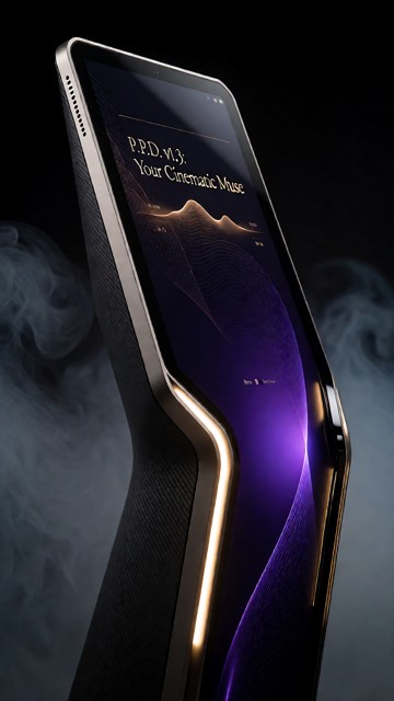 Composition: 16:9 Product Photography style, macro close-up shot focusing on a sleek, futuristic hardware interface w…