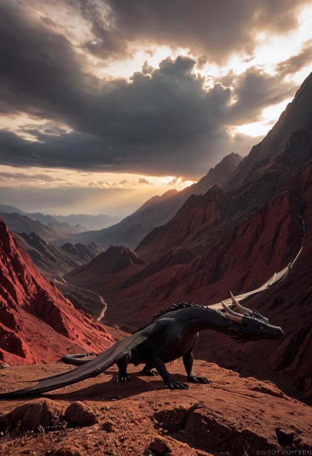 she is flying in the sky with large wings,naked,boobs,high altitude,dark clouds,distant red mountains,sunlight peekin…