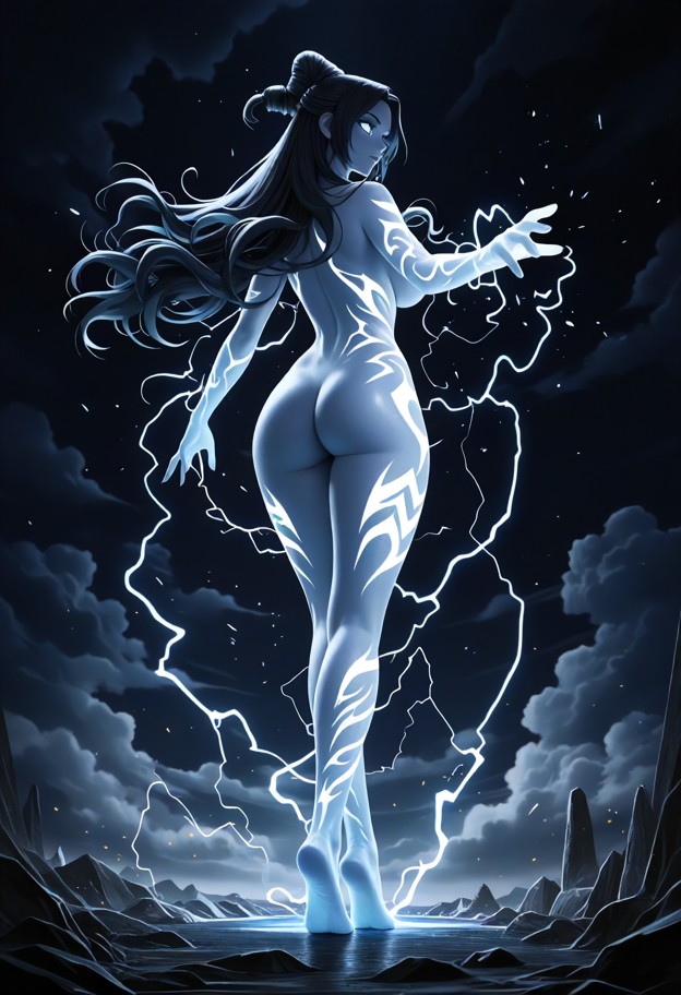 medium shot,a mortal's hand reaching out to touch the dark,indigo-skinned thigh of astraea. where they touch,brillian…