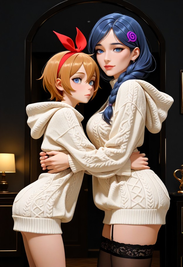 meili portroute und petra leyte is leaning closer resting chin on viewer's shoulder and wrapping arms tightly around …