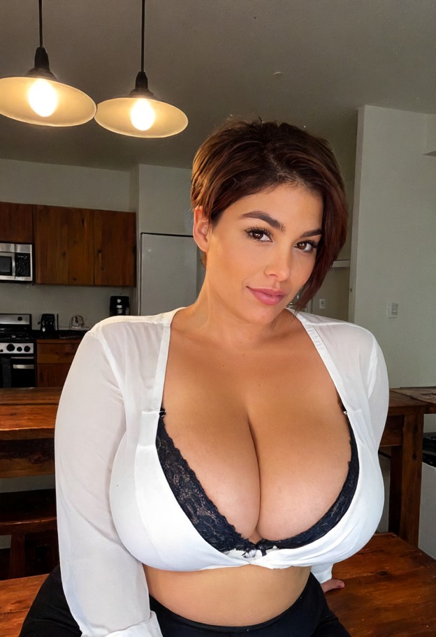 she is is sitting on the edge of a wooden table,white silk blouse,black lace bra,kitchen,wooden table,white cabinets,…