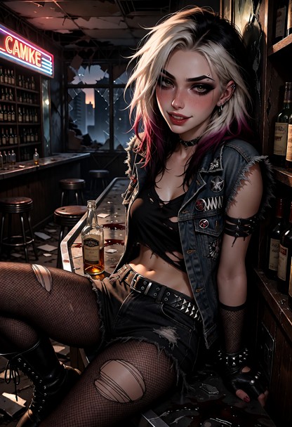 Location: Abandoned dive bar in a ruined city, dusty bottles lining the shelves, overturned stools, cracked mirrors, …