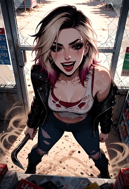 Location: dusty afternoon in a desolate convenience store with shattered glass panes and a metal doorframe reflecting…