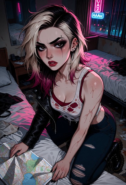 Location: dim evening inside a cramped motel room where the rhythmic pink and blue flicker from the neon sign outside…