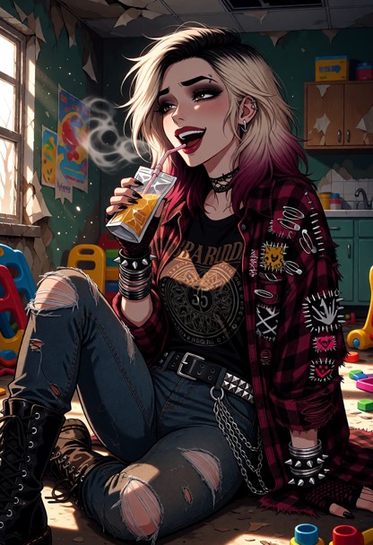 Location: dim, abandoned daycare interior with grimy windows allowing filtered afternoon light to illuminate swirling…