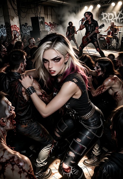 Roxy in the middle of a chaotic hardcore punk mosh pit inside a filthy underground warehouse venue. The entire crowd …