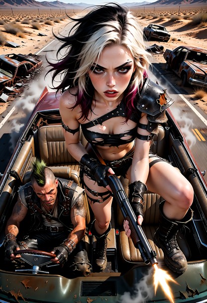 Location: Ruined desert highway, abandoned vehicles and wreckage scattered across the road, dusty wasteland stretchin…