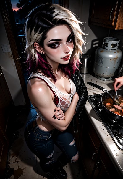 Location: dim and cramped kitchenette inside the rectory, where the faint dusk light from the doorway struggles to re…