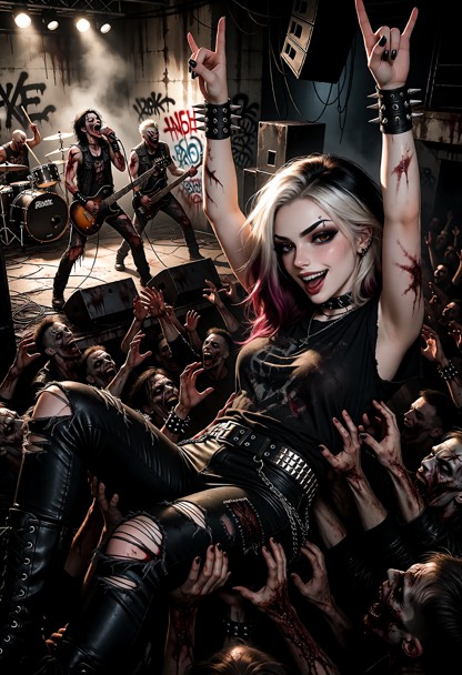 Roxy crowd surfing above a chaotic hardcore mosh pit packed entirely with zombies. Dozens of zombie punks are reachin…