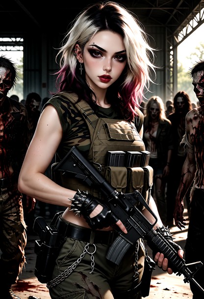 standing in a military base full of zombies. Roxy Rhodes wearing a sleeveless forest camo T-shirt, light tan plate ca…