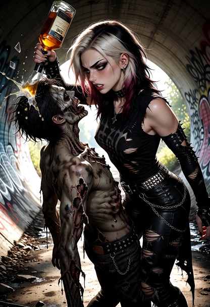 Concrete sewer tunnel covered in graffiti, daylight visible at the far end 15 yards behind them. Roxy and ONE zombie …