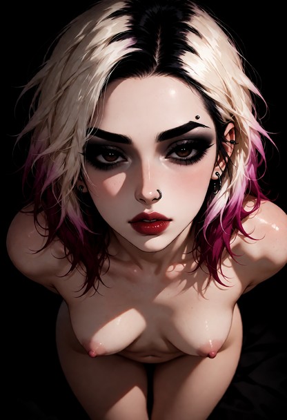 shes naked, her body faces away from the camera., Compose the image as a full-body view, showing the subject head to …