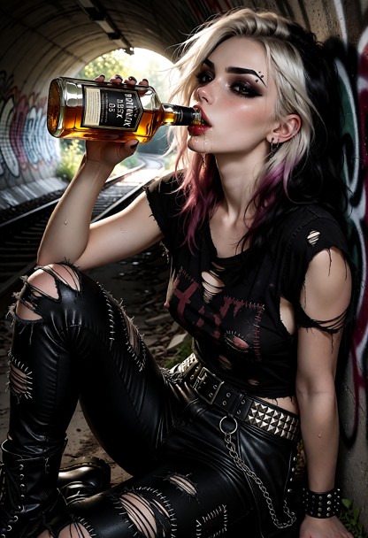 in a concrete sewer tunnel covered on grafitti daylight visible at the end of the tunnel 15 yards back, roxy is drink…