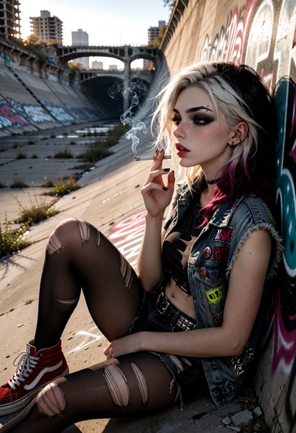 Location: Massive abandoned concrete flood-control channel in a ruined city, wide empty concrete basin, towering graf…